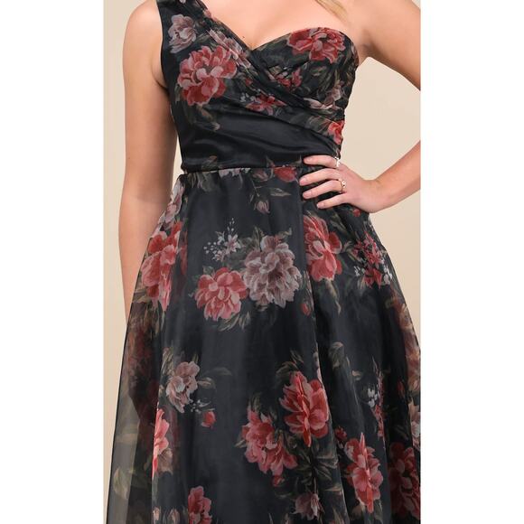 New Lulus Gown-Truly Extraordinary Black Floral Organza One-Shoulder Maxi Dress - Picture 2 of 8
